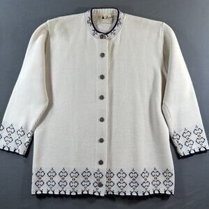 Vintage Baron Ivory Geometric Knit Wool Cardigan Sweater Medal Button Front XL